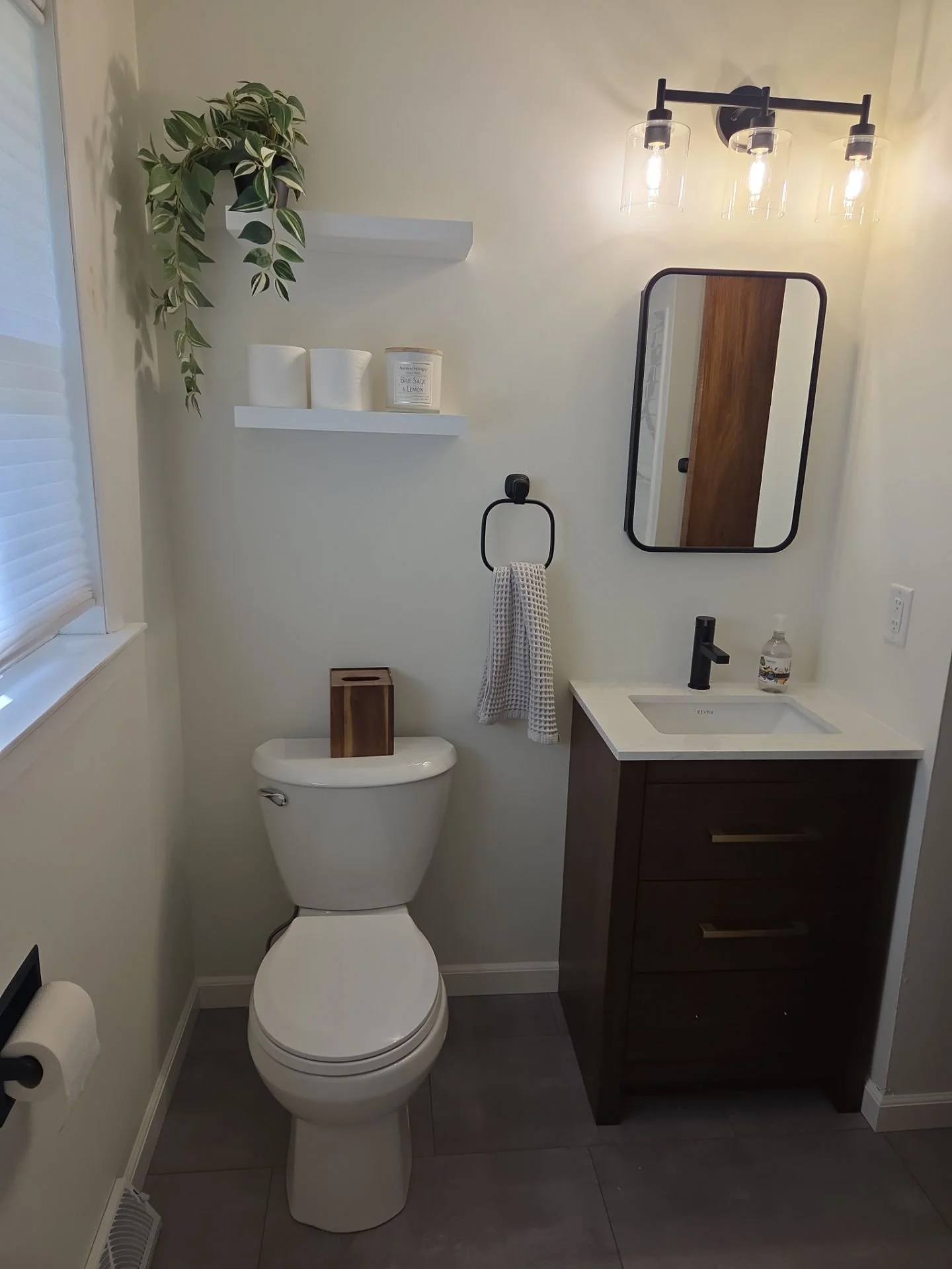 Newly remodeled bathroom showing a toilet, vanity, medicine cabinet, floating shelving and vanity light fixture.