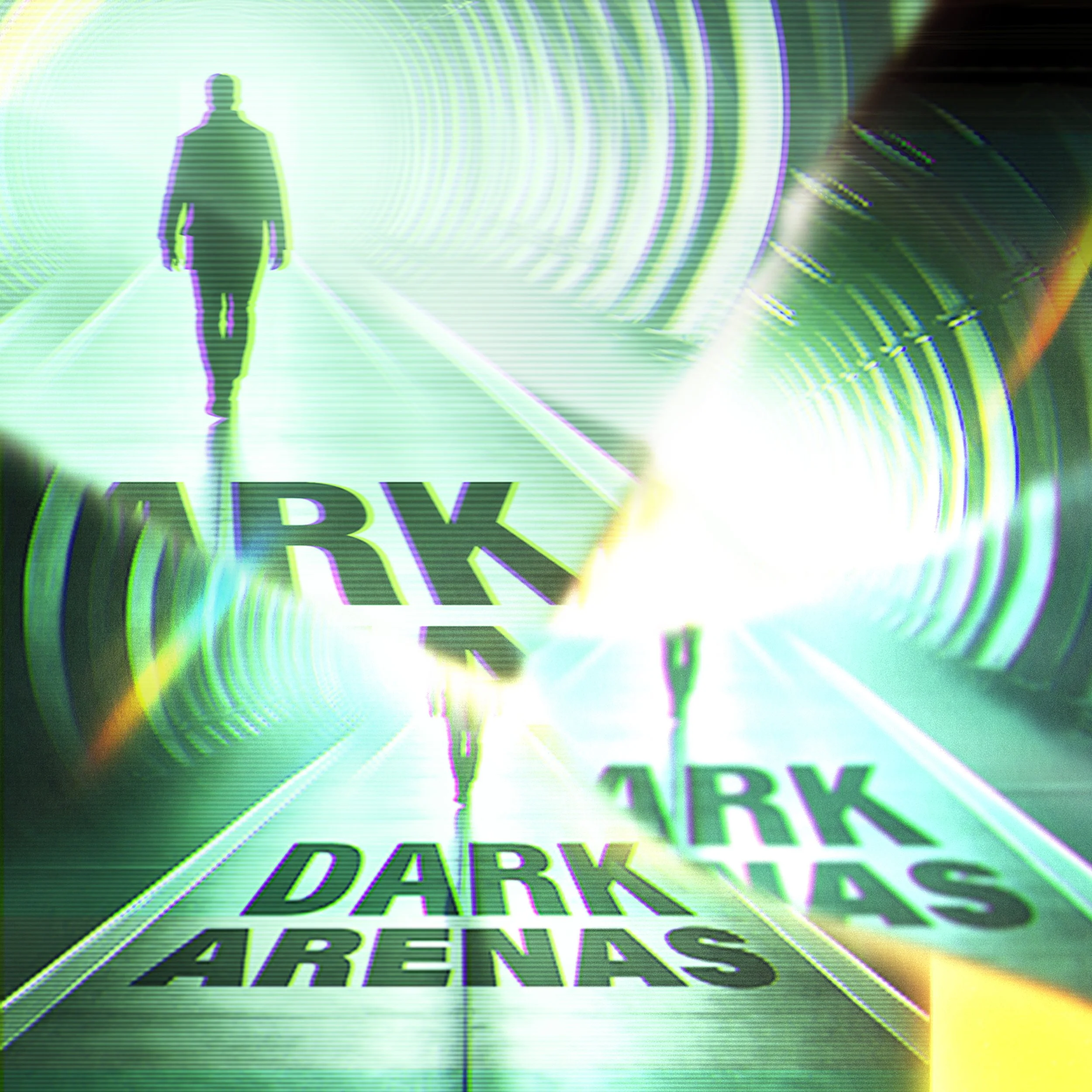 Silhouette of a person walking in a futuristic glowing tunnel with the words 'Dark Arenas' overlayed.