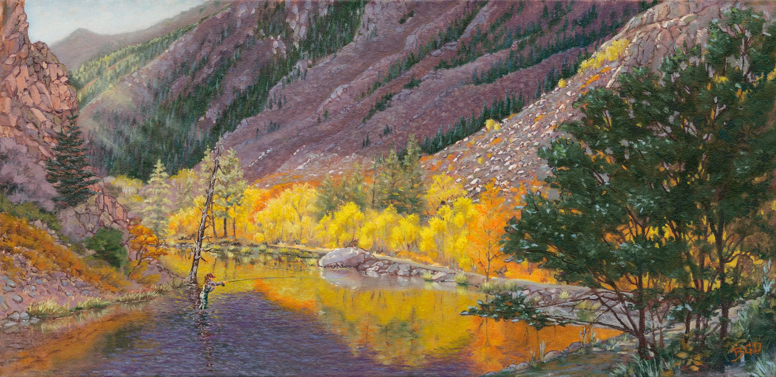 "Sunrise Cast" (female angler) 12"x24" oil on canvas. Prints available.