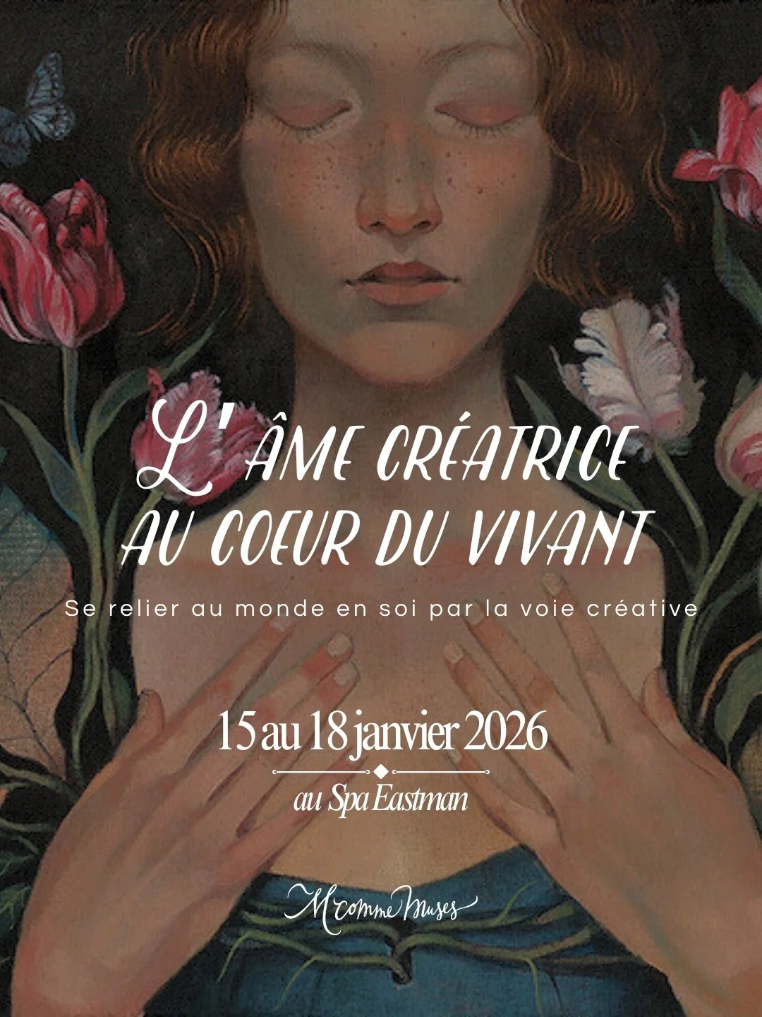 Groupe de femmes lors d'un atelier ou d'une réunion dans une salle lumineuse avec vue sur la nature. Certains photos montrent la salle préparée avec des tables, des livres, et des objets liés à l'activité. Deux images présentent des œuvres d'art ou des illustrations.