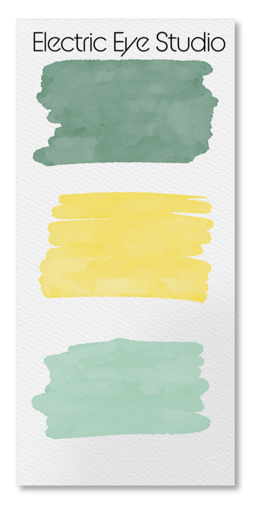 Color palette with three watercolor swatches: green at the top, yellow in the middle, and green at the bottom. Text reads "Electric Eye Studio."