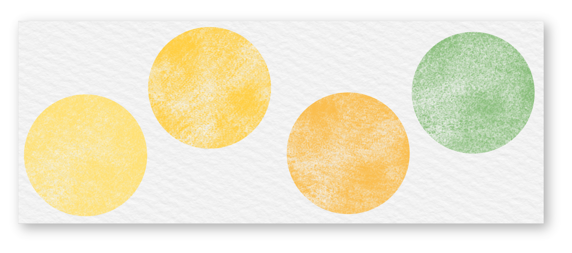 Four textured circles on a white background with a black border at the top and bottom, two yellow, one orange, and one green.