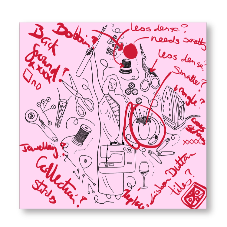 Sketch of a woman in traditional attire surrounded by sewing and tailoring tools, with handwritten notes about fabric and design details on a pink background.