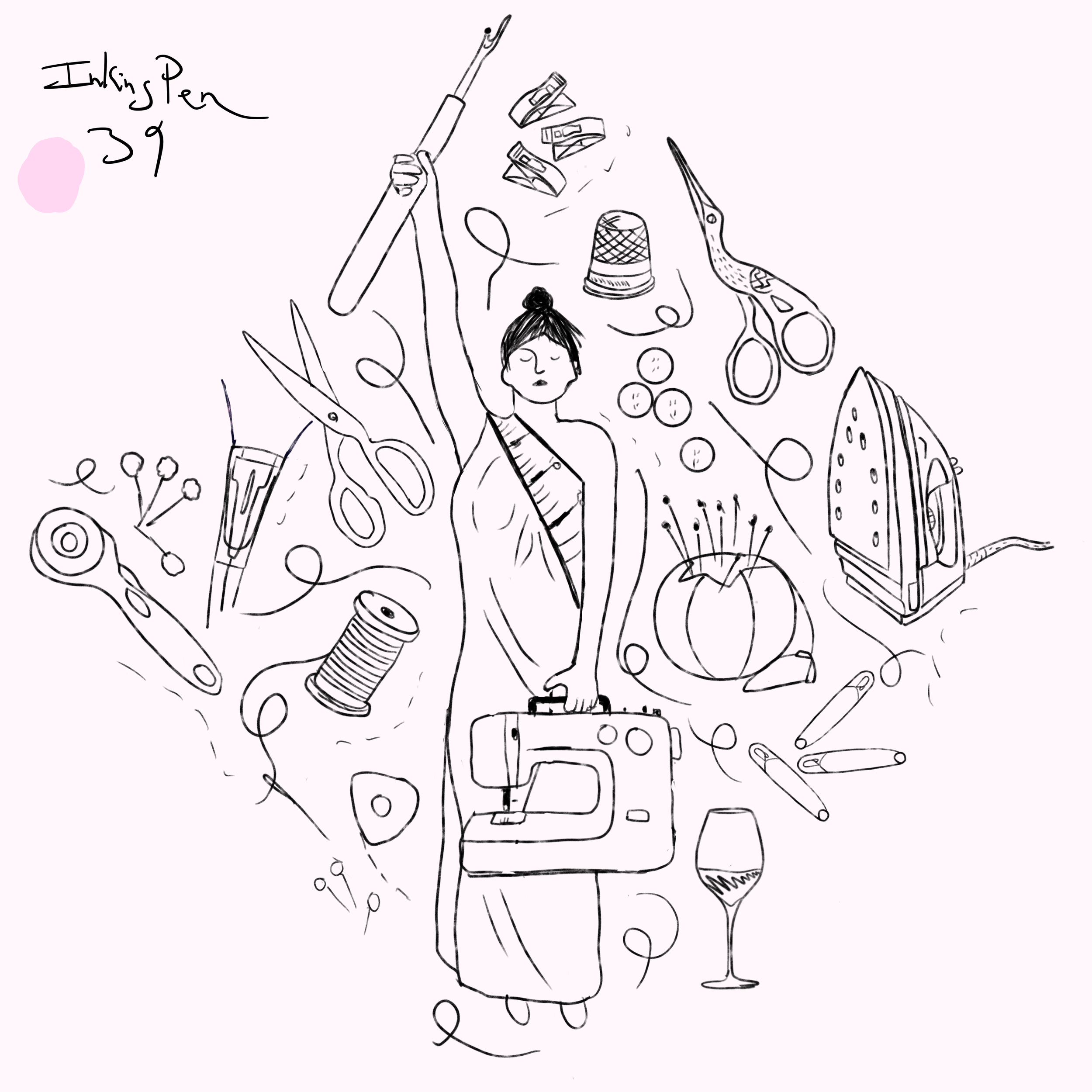 Hand-drawn illustration of a woman in a sari surrounded by sewing and tailoring tools, such as scissors, a thimble, pins, an iron, a spool of thread, a measuring tape, a wine glass, and a sewing machine.
