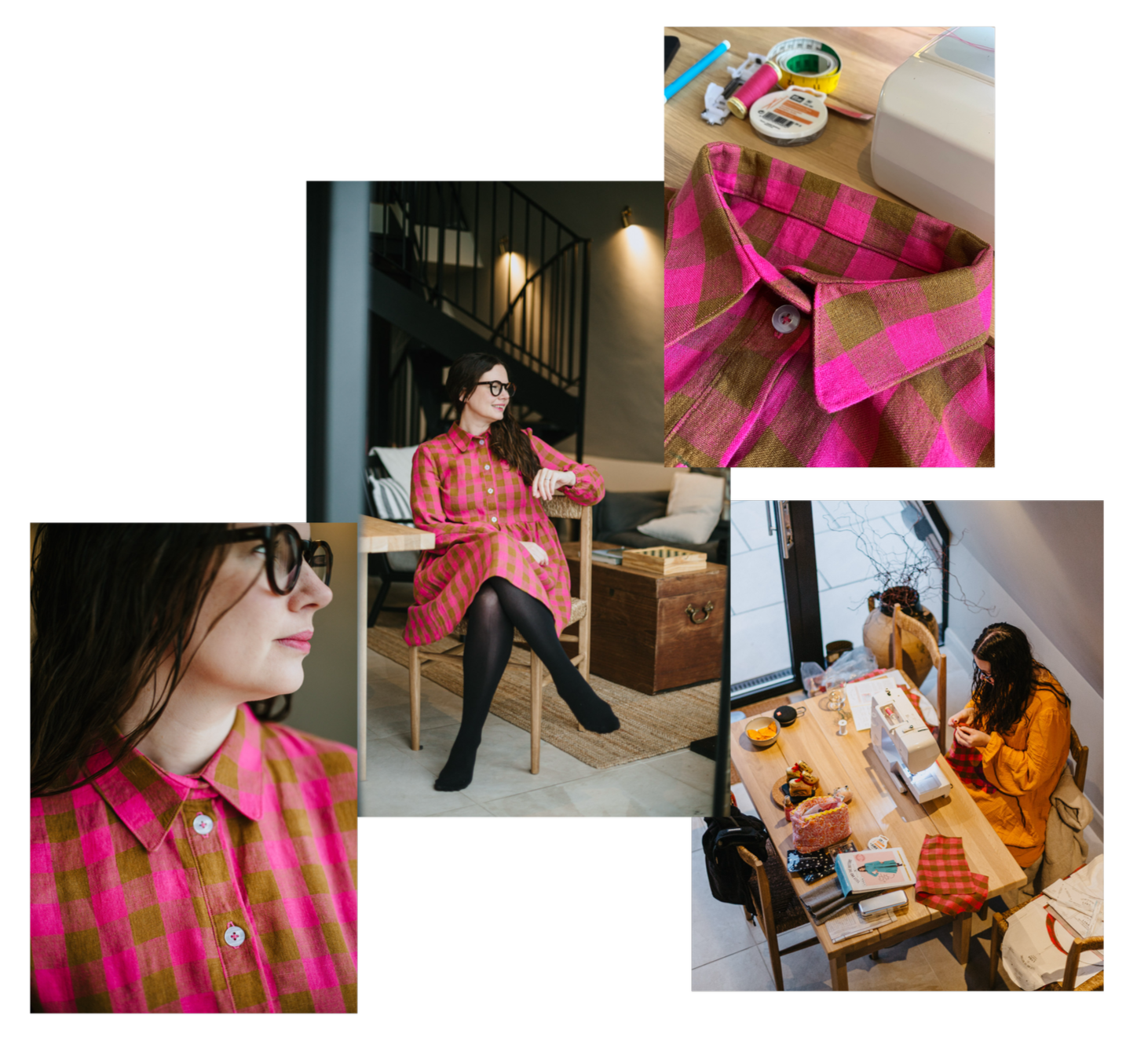 A collage of photos featuring a woman with long dark hair and glasses wearing a pink and green checkered dress, engaged in sewing activities at home. The images include her sitting on a chair, close-up of her face and collar, a workspace with sewing supplies, and a desk with sewing materials and a sewing machine.