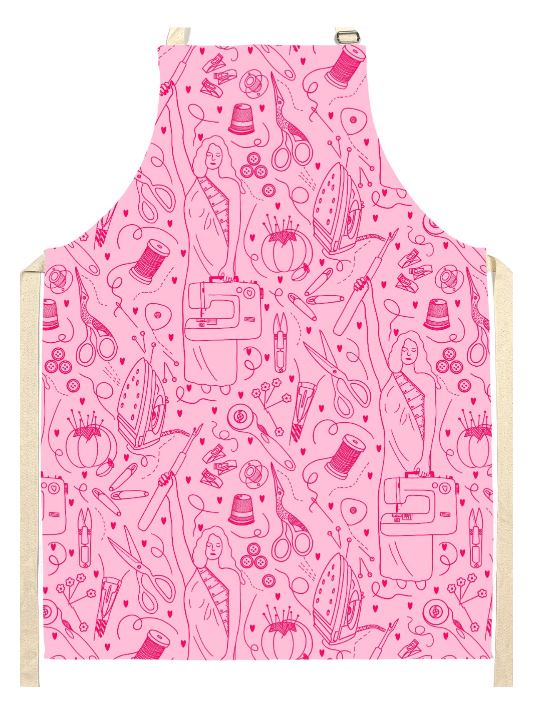 Pink apron with sewing and crafting supplies, including scissors, thread, needles, measuring tape, and illustrations of women sewing.
