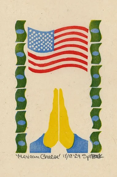 2024 charles spitzack merican cheese america the dollar money prayer flag emoji woodcut print woodblock mokuhanga seattle art artist relief printmaking lino linocut by Charles Spitzack