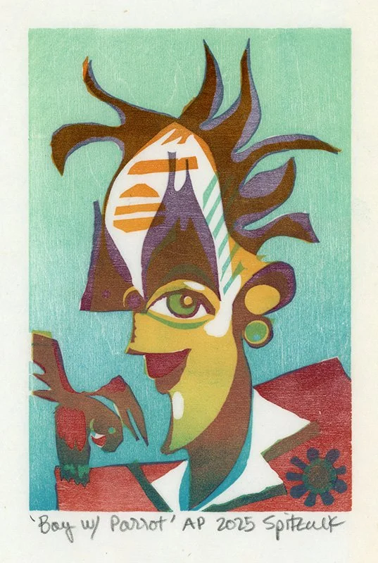 Abstract illustration of a woman with colorful, spiky hair, wearing glasses, with a parrot perched on her shoulder, set against a turquoise background. by Charles Spitzack