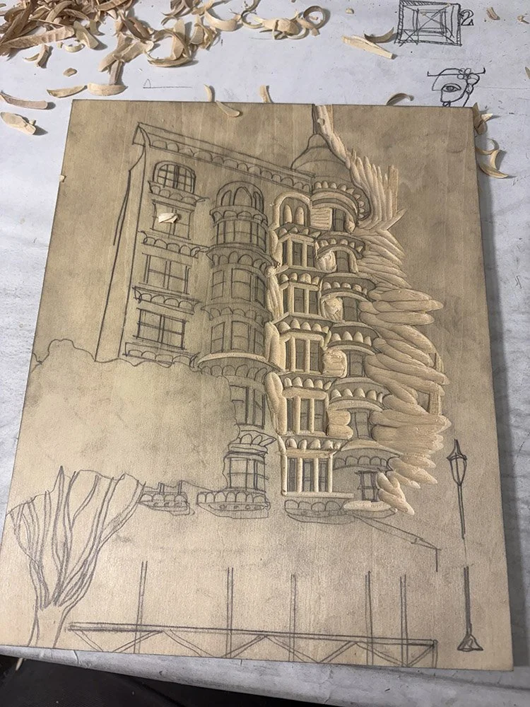 Contemporary relief print created using traditional woodcut printmaking