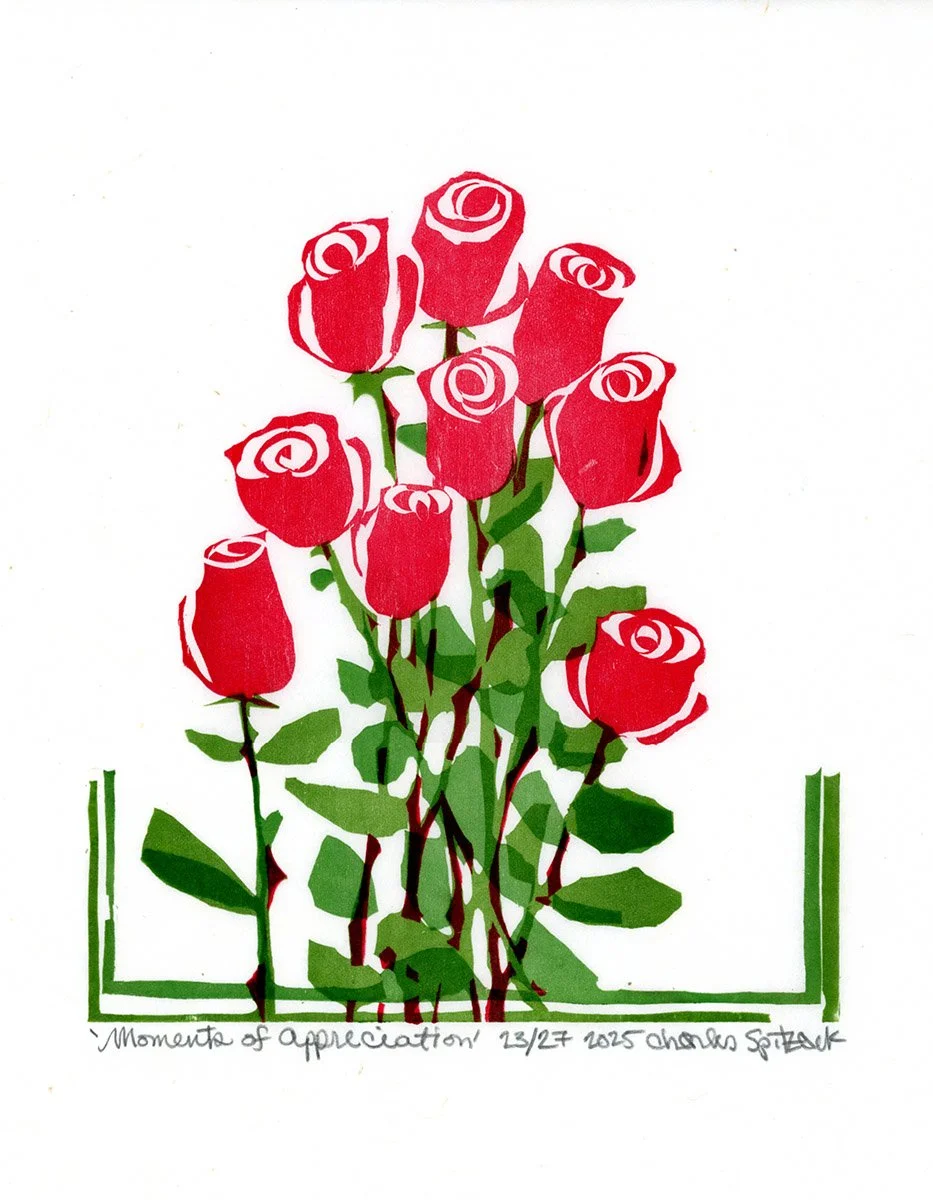 movements of appreciation 2025 woodcut print flowers woodblock print charles spitzack roses mokuhanga shina plywood seattle art artist printmaker by Charles Spitzack — Japanese woodblock print