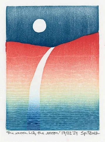 2024 charles spitzack the moon liz the moon woodcut print woodblock mokuhanga seattle art artist relief printmaking lino linocut by Charles Spitzack