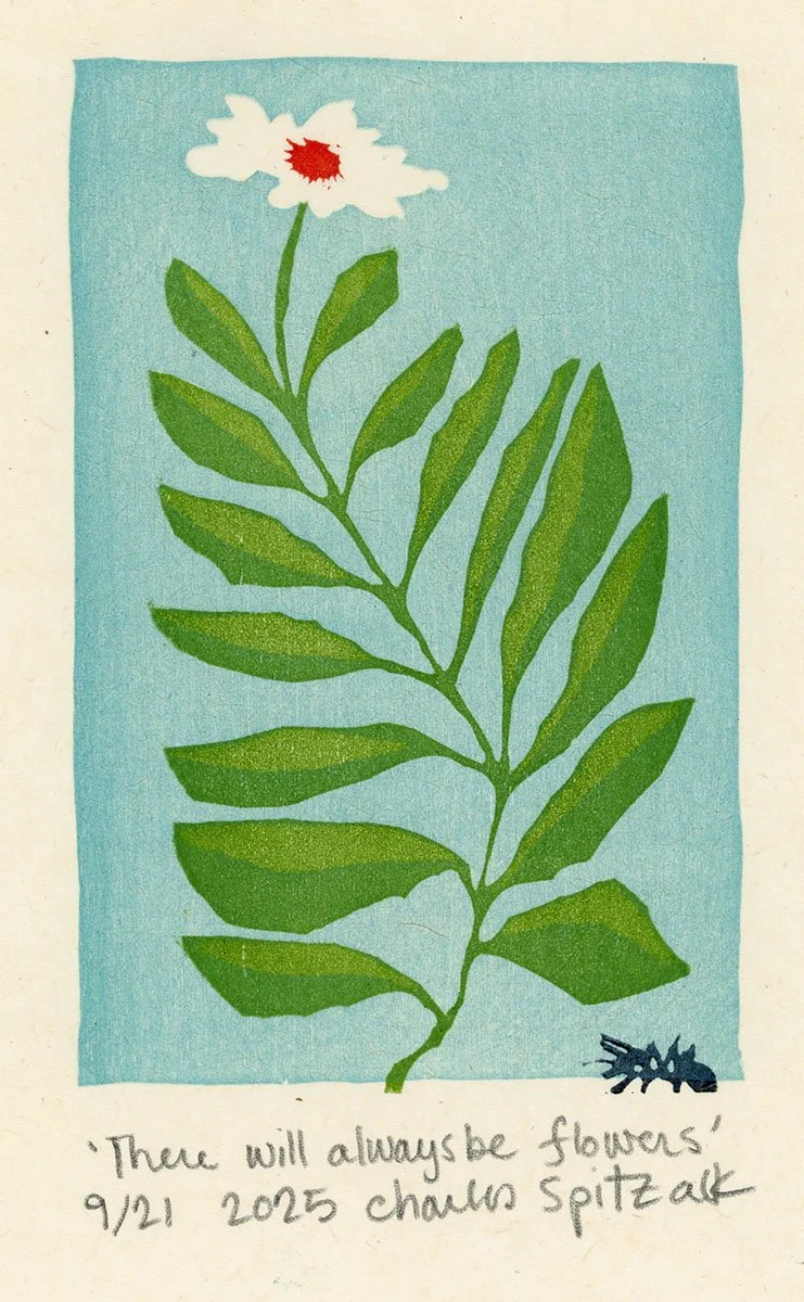 flower woodcut print with ant by contemporary visual artist and printmaker charles spitzack living and working in his studio in Seattle WA by Charles Spitzack