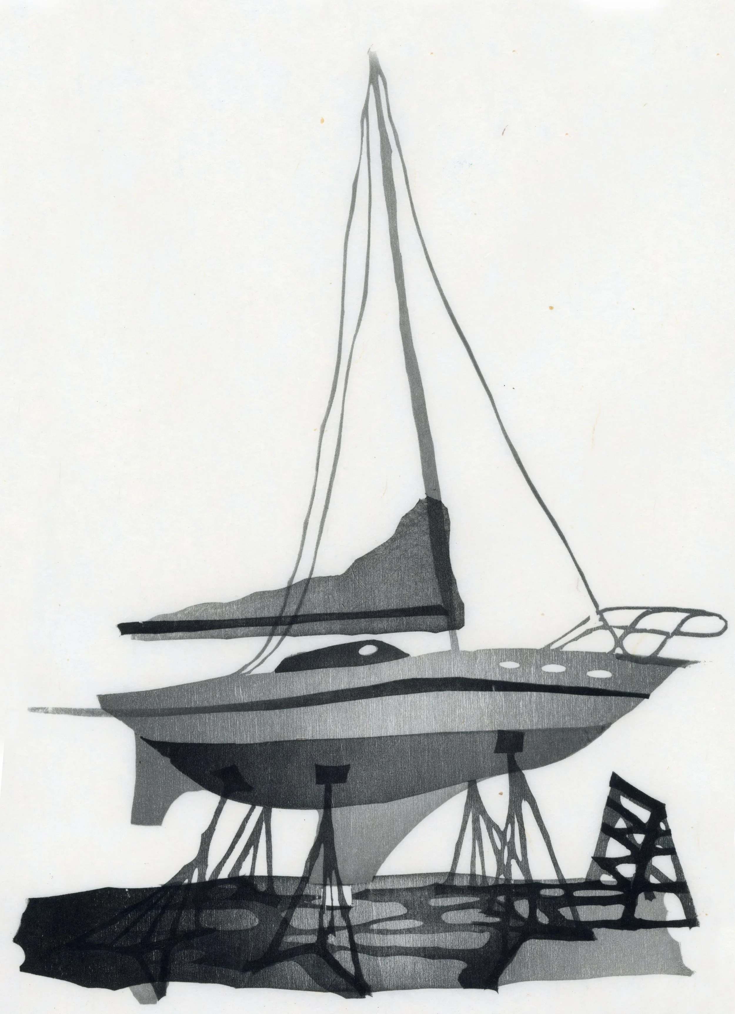 windspirit 2025 dry dock sailboat sail boat rigging port townsend port washington wa woodcut woodblock print printmaking printmaker charles spitzack artist artwork contemporary lino linocut washi seattle by Charles Spitzack