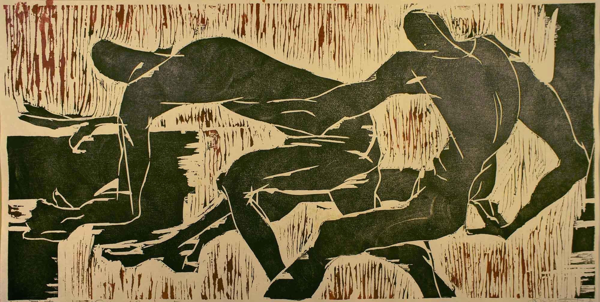 wrestlers spitzack woodblock woodcut mokuhanga print printmaking washi seattle art by Charles Spitzack