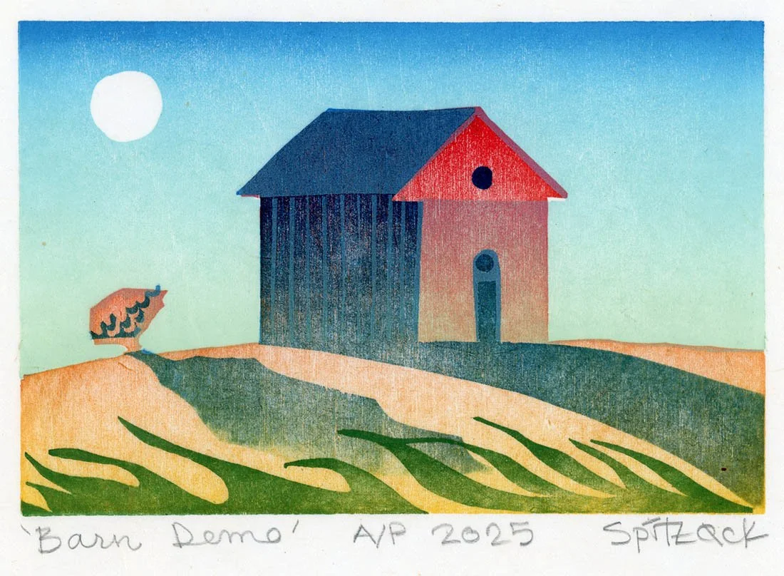 Barn Demo 2025 barn and tree on hill farm moon woodcut woodblock print printmaking printmaker charles spitzack artist artwork contemporary lino linocut washi seattle by Charles Spitzack