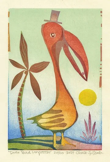 2024 spitzack dodo bird imposter woodcut woodblock mokuhanga seattle art artist print printmaking by Charles Spitzack