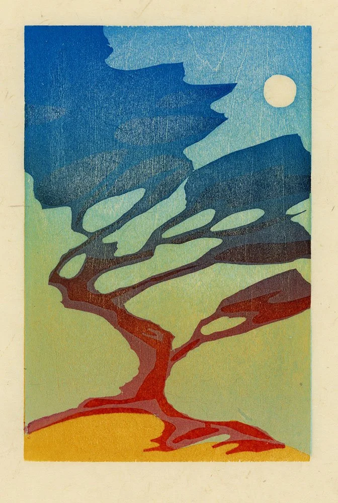 warm days cool nights woodblock woodcut Japanese mokuhanga print printmaking washi seattle art fine printmaker nw printmaking relief prints tree moon color woodcut contemporary artist pnw seattle print arts by Charles Spitzack