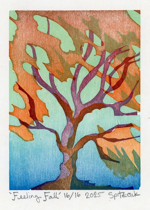 A colorful abstract illustration of a tree with multicolored leaves and branches, titled 'Feeling Fall' with date '16/16 2025' and signed 'SPITZACK' at the bottom. by Charles Spitzack