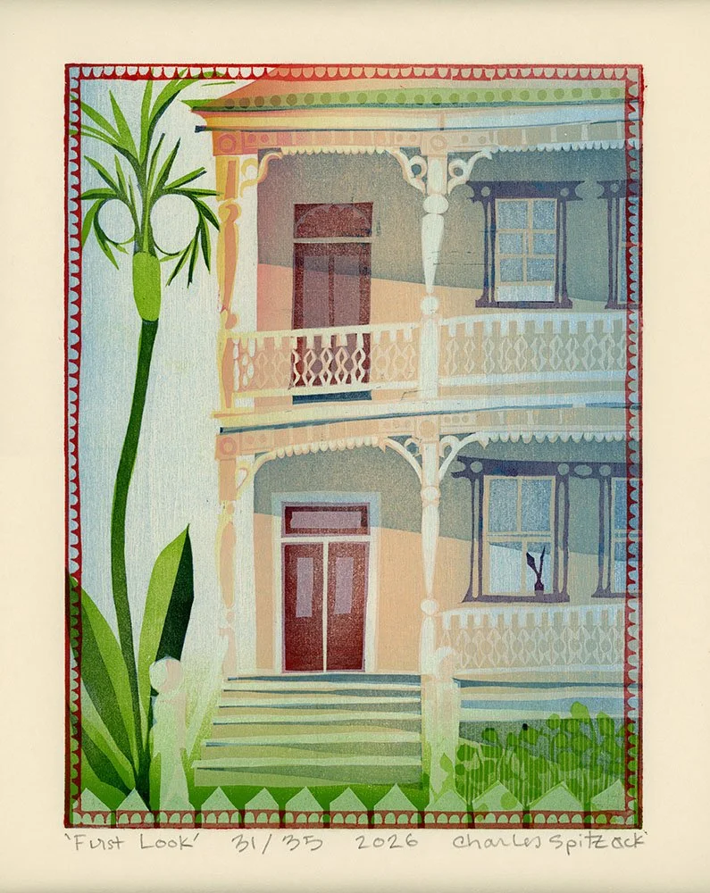 Illustration of a two-story house with a wrap-around porch, wooden railings, and stairs leading up to the front door, surrounded by greenery and a tall plant on the left. by Charles Spitzack