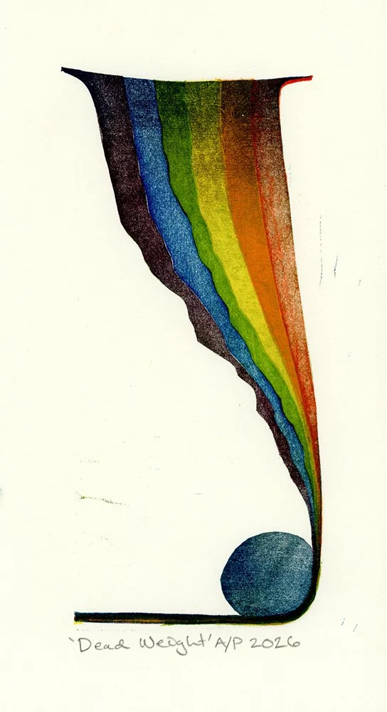 A musical note with a rainbow-colored tail and a black circle at the bottom, labeled 'Dead Weight/A.P 2016'. by Charles Spitzack