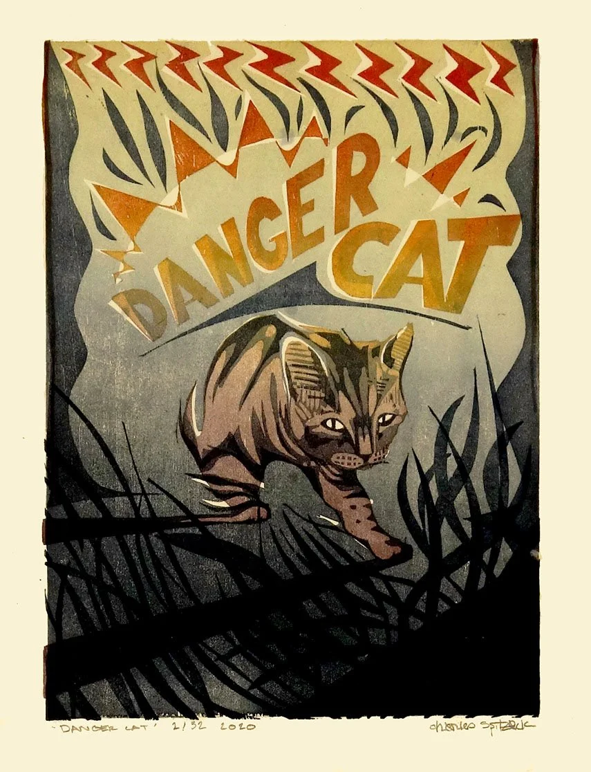 danger cat charlie nelson spitzack woodblock woodcut mokuhanga print printmaking washi seattle art by Charles Spitzack