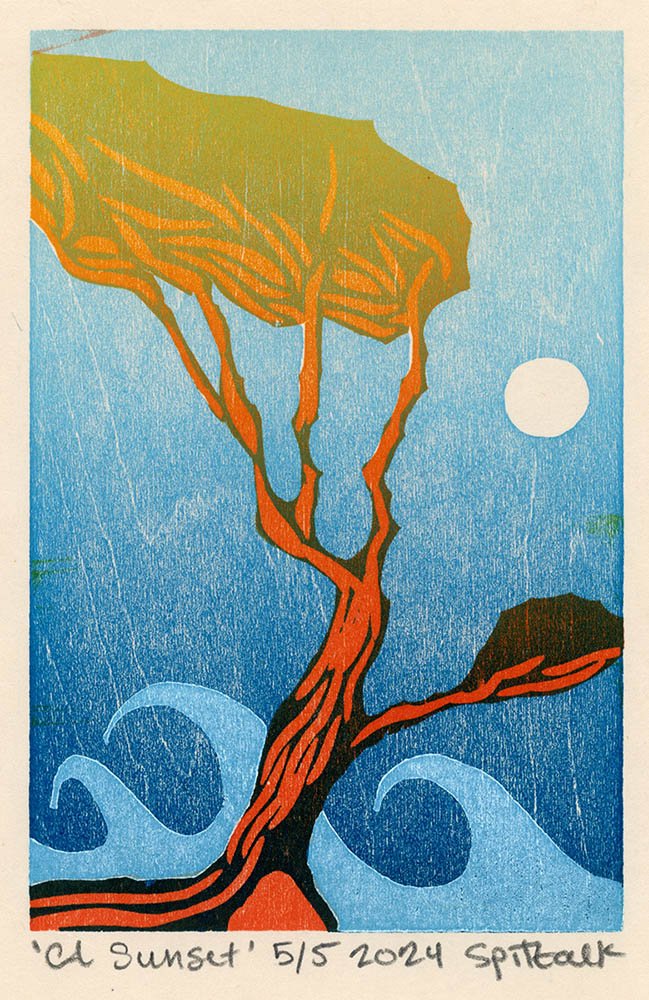 CA sunset woodblock woodcut Japanese mokuhanga print printmaking washi seattle art fine art seattle printmaker nw printmaking by Charles Spitzack