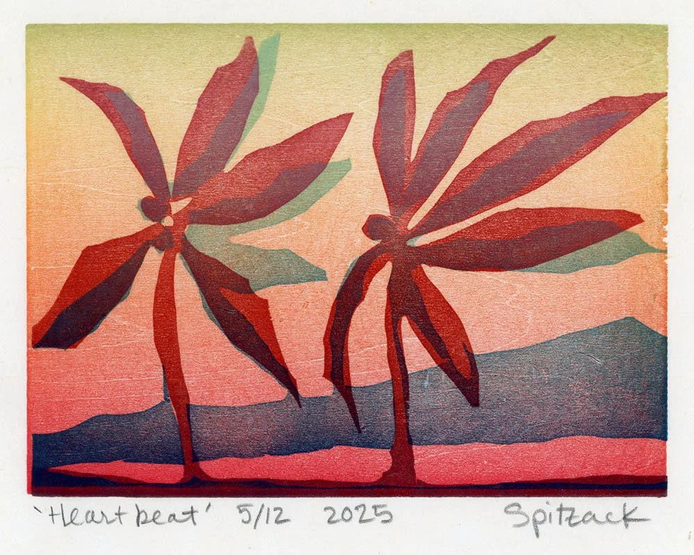 Colorful artwork titled 'Heartbeat' depicting two stylized palm trees against a vibrant pink, orange, and green background with mountains in the distance. by Charles Spitzack