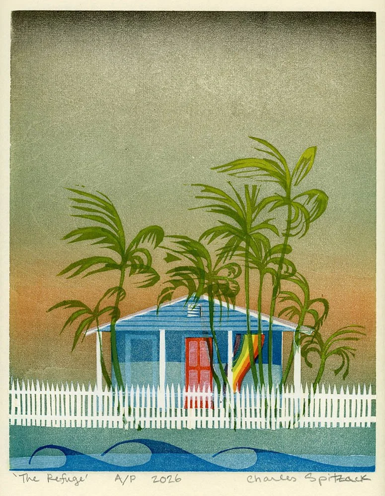 A colorful drawing of a house with a white picket fence surrounded by tall grasses, with water and waves in the foreground, and a gradient sky in the background. by Charles Spitzack