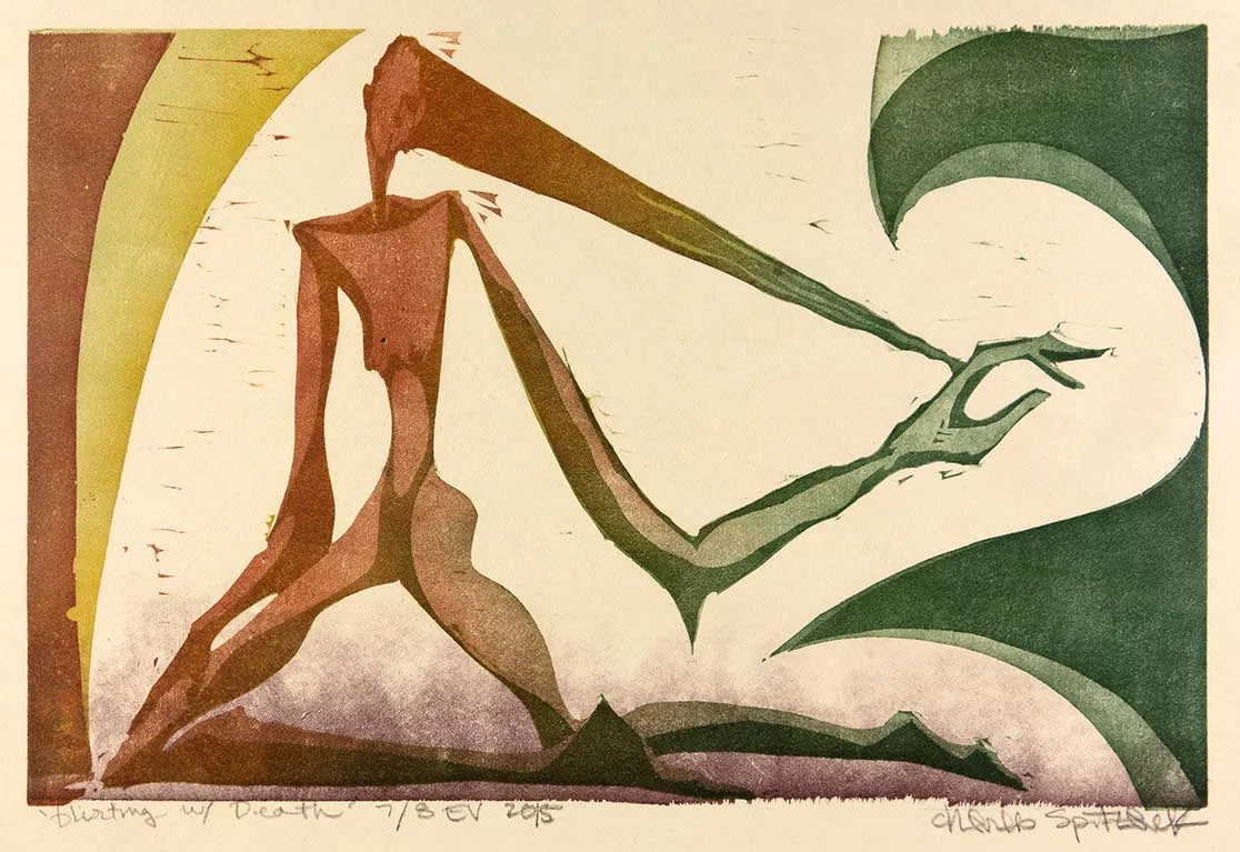 flirting with death spitzack woodblock woodcut mokuhanga print printmaking washi seattle art by Charles Spitzack