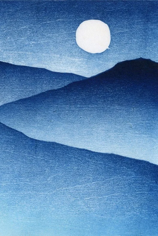 Landscape woodcut print in blue, learn printmaking in an online art class