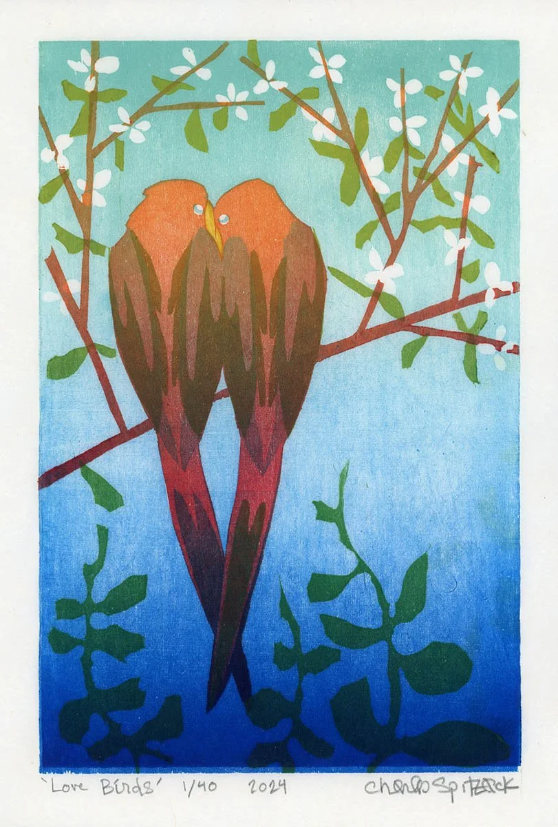 love birds pratt valentines day card parrot woodblock woodcut Japanese mokuhanga print printmaking washi seattle art fine printmaker nw printmaking relief prints tree white flowers color woodcut contemporary artist pnw seattle print arts by Charles Spitzack