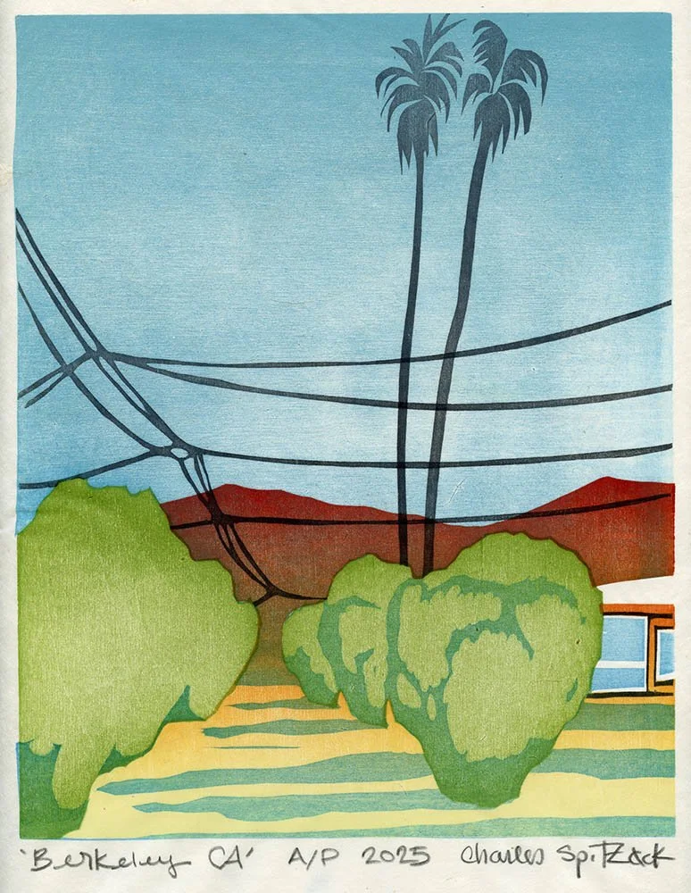 "Berkeley ca" California bay area woodcut print fine art printmaking contemporary art made at the kala art institute woodblock of palm trees mountains bushes by contemporary American artist Charles Spitzack by Charles Spitzack