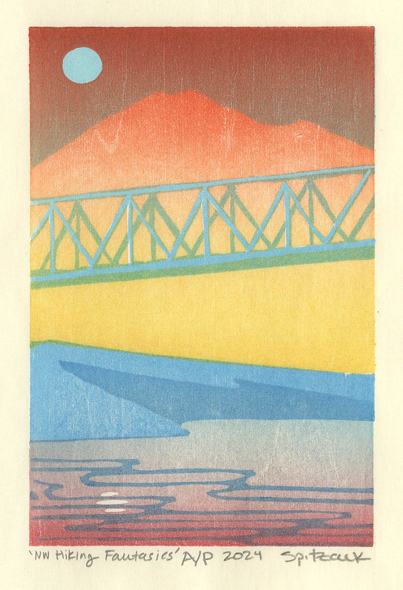 2024 spitzack nw hiking fantasies train bridge mountain woodcut print woodblock mokuhanga seattle art artist relief printmaking lino linocut by Charles Spitzack