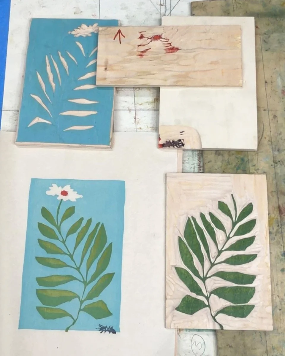 Online woodcut printmaking class demonstrating carved woodblocks and hand-printed botanical prints by Charles Spitzack
