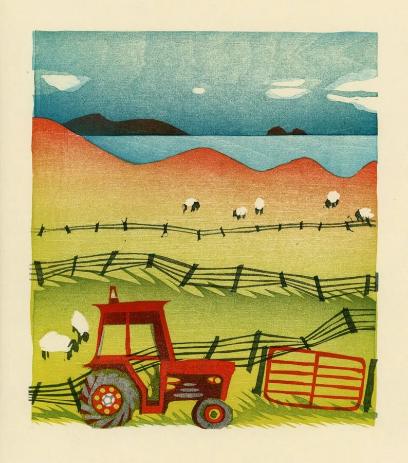 Bog Butter, a woodcut print by Charles Spitzack depicting sheep and a red tractor in the rural landscape surrounding Ballinglen in County Mayo, Ireland.