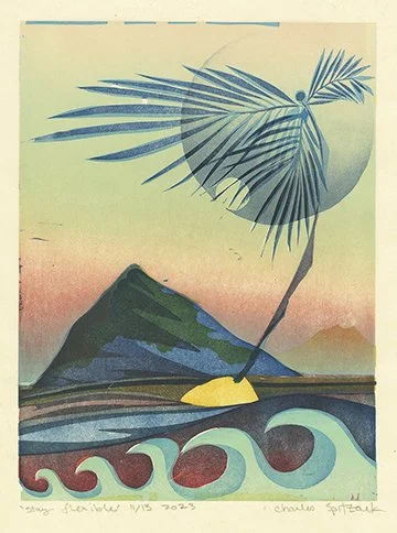 2023 spitzack stay flexible woodcut woodblock mokuhanga seattle art artist print printmaking palm tree mountain ocean waves by Charles Spitzack