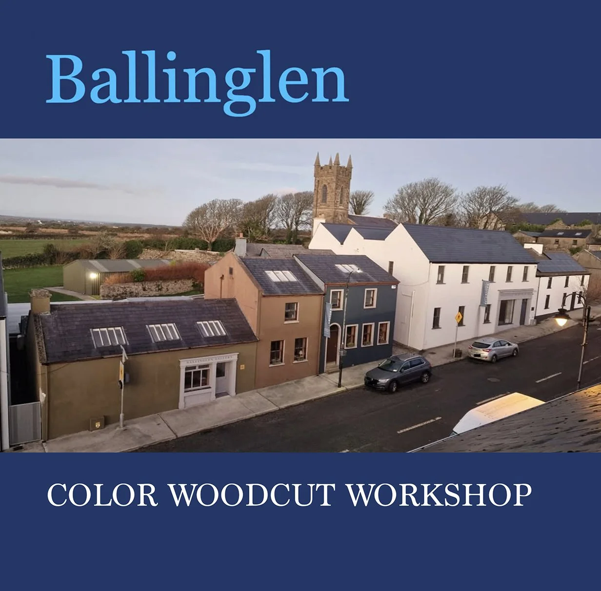 Cover image for a color woodcut workshop book or guide, featuring a photo of a small town street with colorful buildings and a church tower in the background, during daylight.