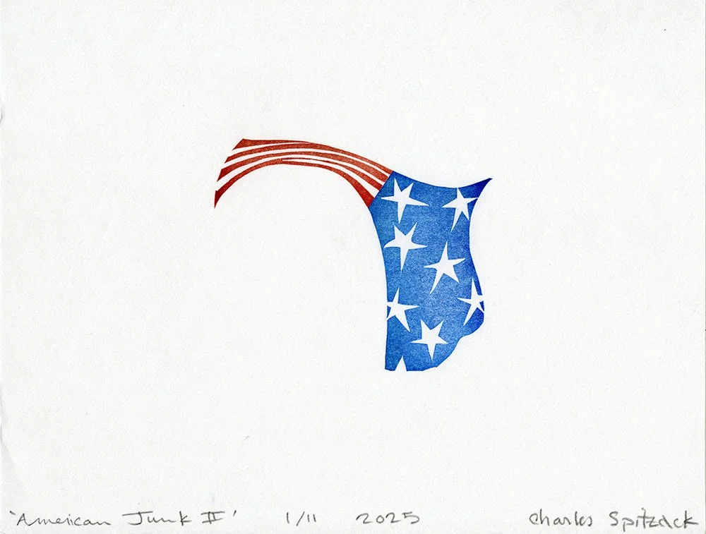 "american junk" woodcut print by artist charles spitzack speedo american flag mens befiefs woodblock mokuhanga fine art print by Charles Spitzack