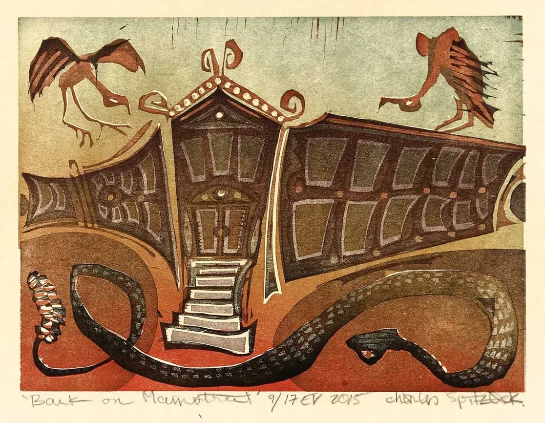 bank on main street spitzack woodblock woodcut mokuhanga print printmaking washi seattle art by Charles Spitzack — Japanese woodblock print