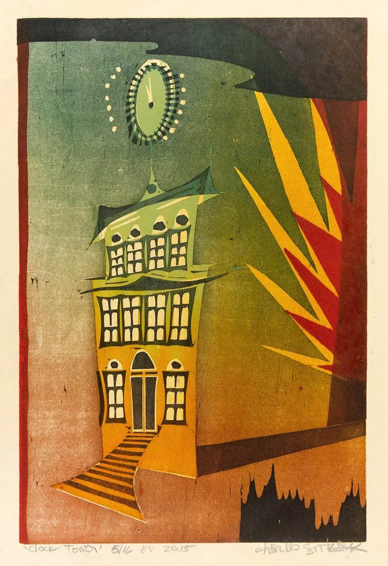 clock tower spitzack woodblock woodcut mokuhanga print printmaking washi seattle art by Charles Spitzack