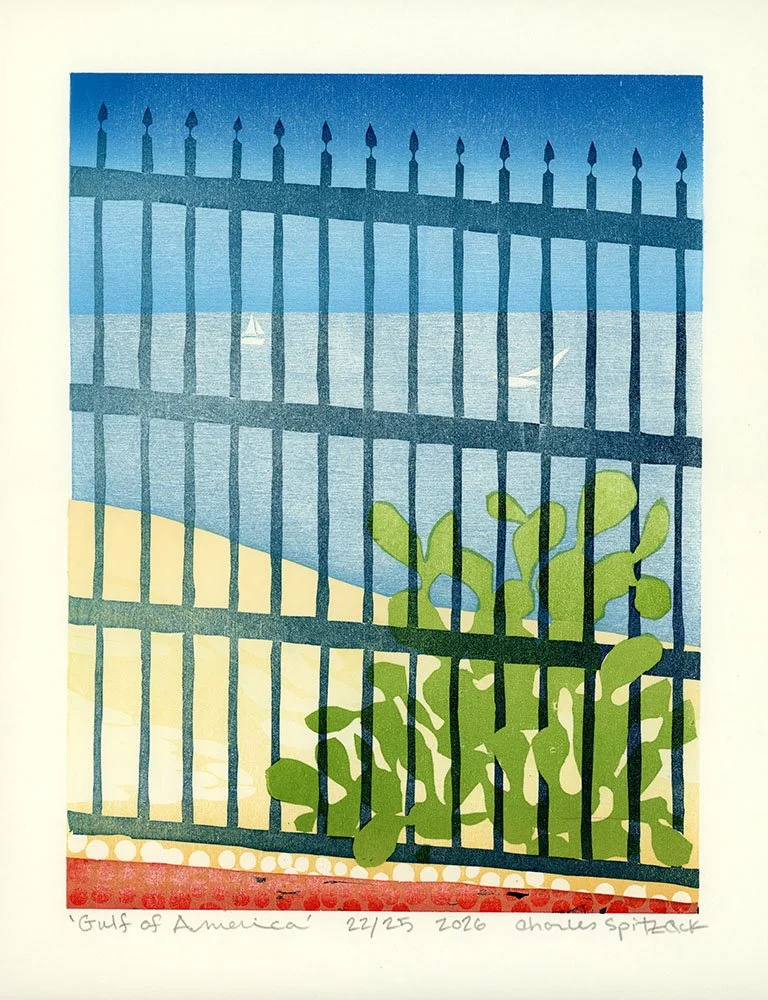 A painting titled 'Gulf of America' showing a black metal fence, a green plant, and a blue sky with distant sailboats. by Charles Spitzack