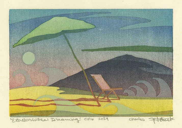 2024 spitzack Extraterrestrial dreaming woodcut woodblock mokuhanga seattle art artist print printmaking by Charles Spitzack