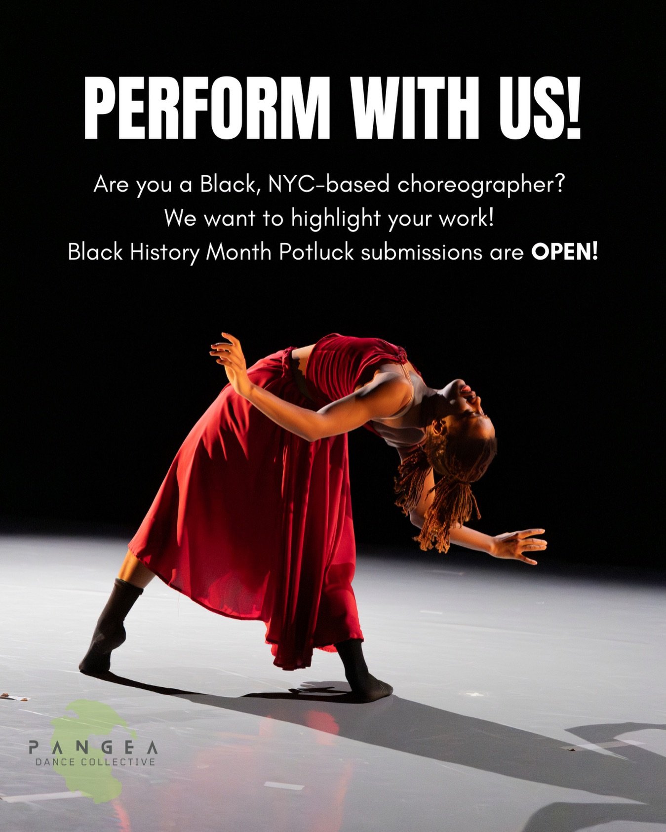 Attention Black choreographers &amp; creatives in NYC 🚨! YOU can be a part of our third annual Pangea Potluck in celebration of Black History Month 🤩! Apply now at the link in our bio for the opportunity to showcase your work! We can&rsquo;t wait t