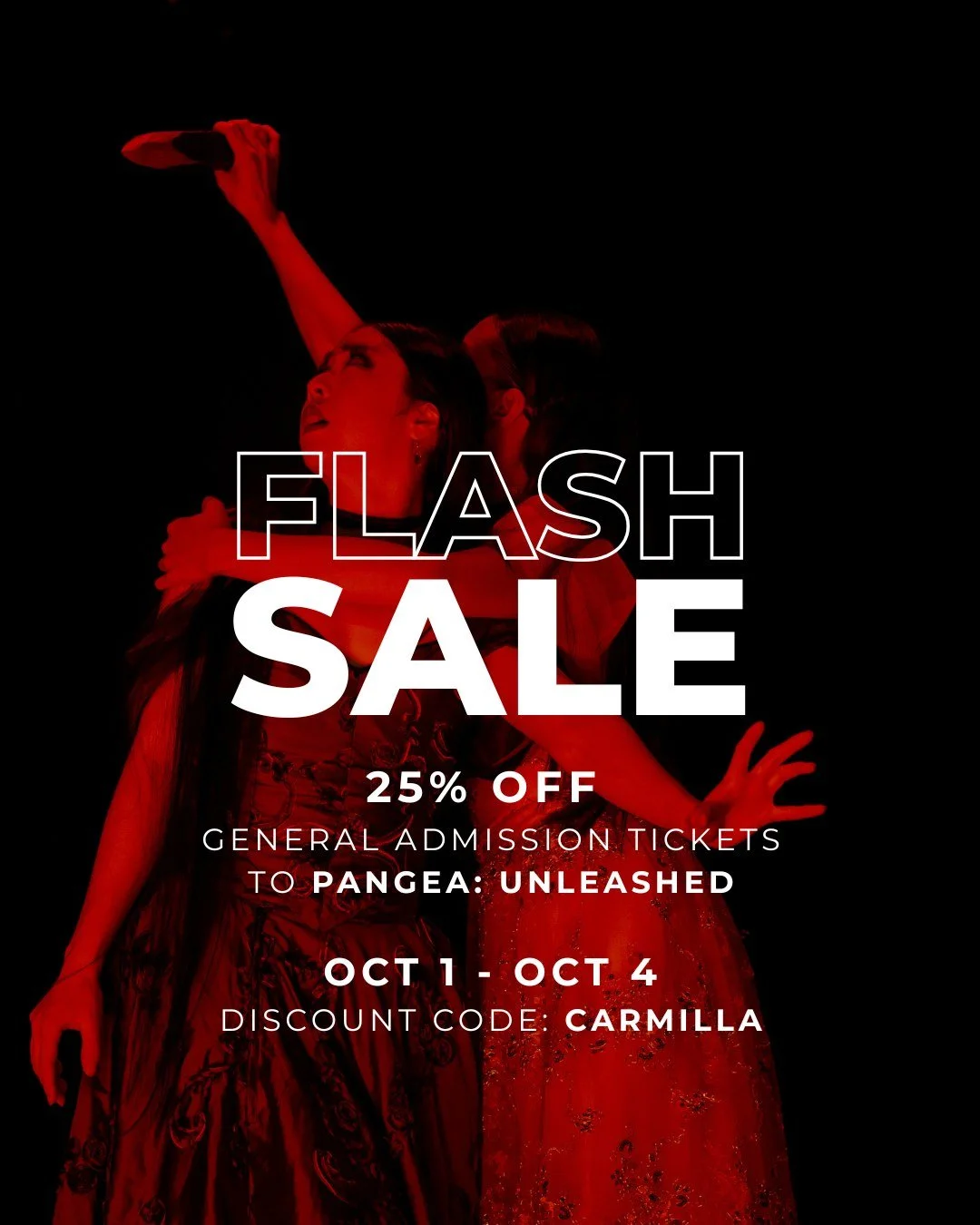 Spooky season is finally here!! 🎃 And we're celebrating with a 4-DAY FLASH SALE on general admission tickets to PANGEA: UNLEASHED, where you can catch our signature contemporary ballet adaptation of the classic, sapphic vampire novella, "Carmil