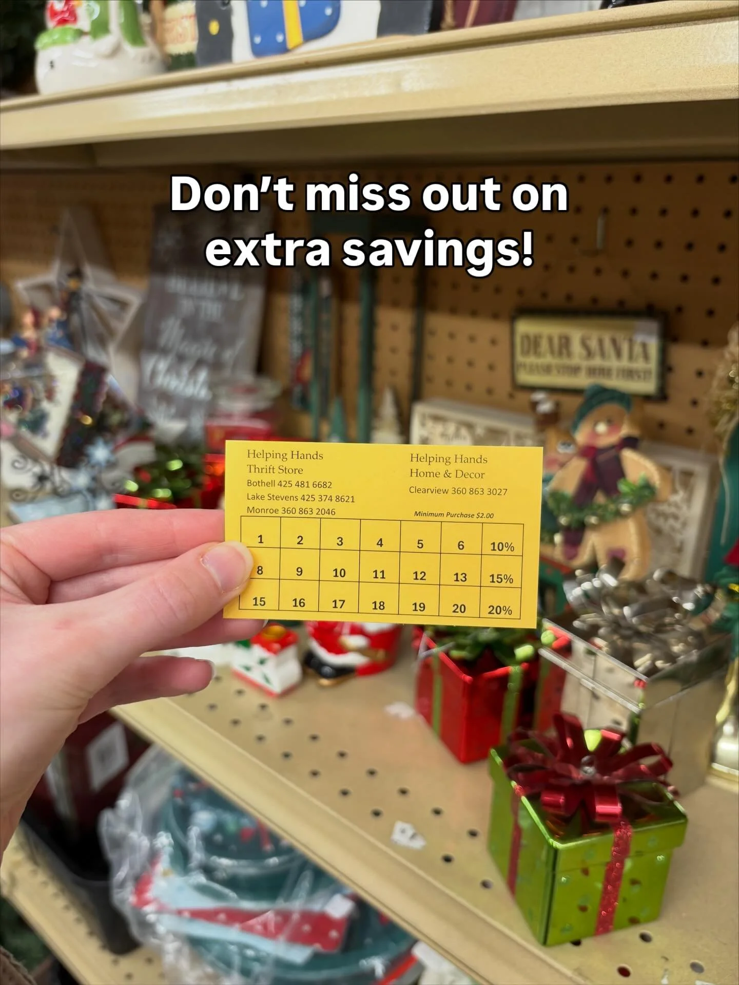 Have you asked for a punch card at checkout? Fridays are DOUBLE PUNCH day at our thrift stores!

Every time you shop, be sure to present your punch card to build up your extra discounts&mdash;all for being a loyal Helping Hands shopper! 🥰

Christmas