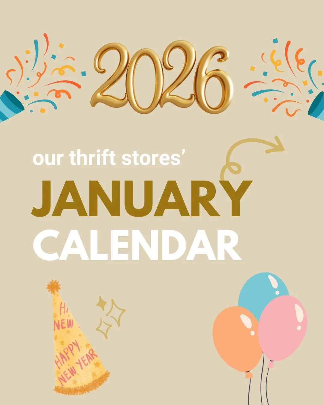 HAPPY NEW YEAR! 🥳 Here's the discount schedule for the first month of 2026! 

Just a reminder that our thrift stores are CLOSED today, January 1. See you tomorrow (Friday)! 👋🏼

🛍️ Don't forget: the 30 Bags in 30 Days challenge begins tomorrow! St