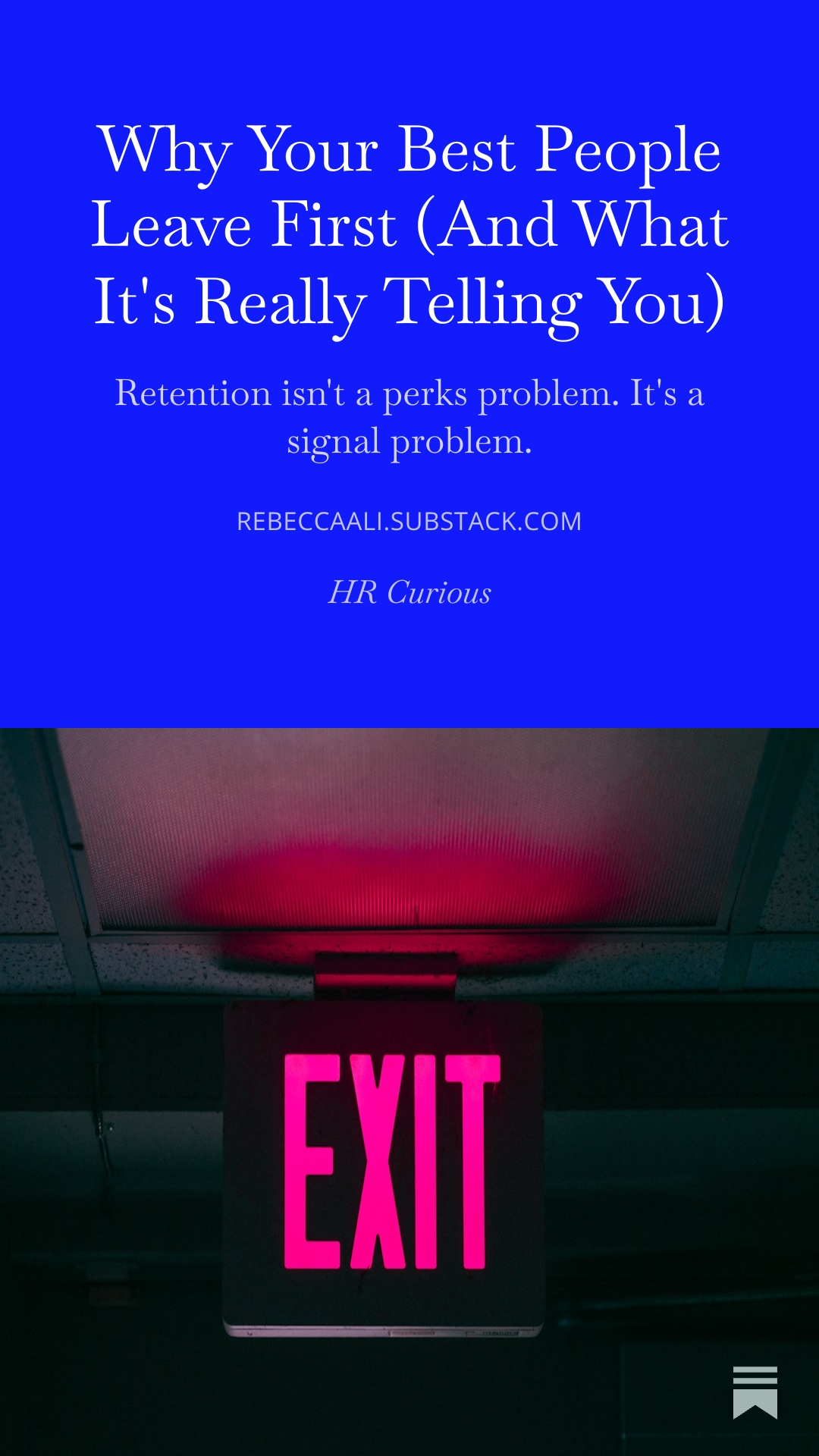 A blue background with white text and a website link at the top, followed by a pink illuminated exit sign hanging from a ceiling in a dark room.