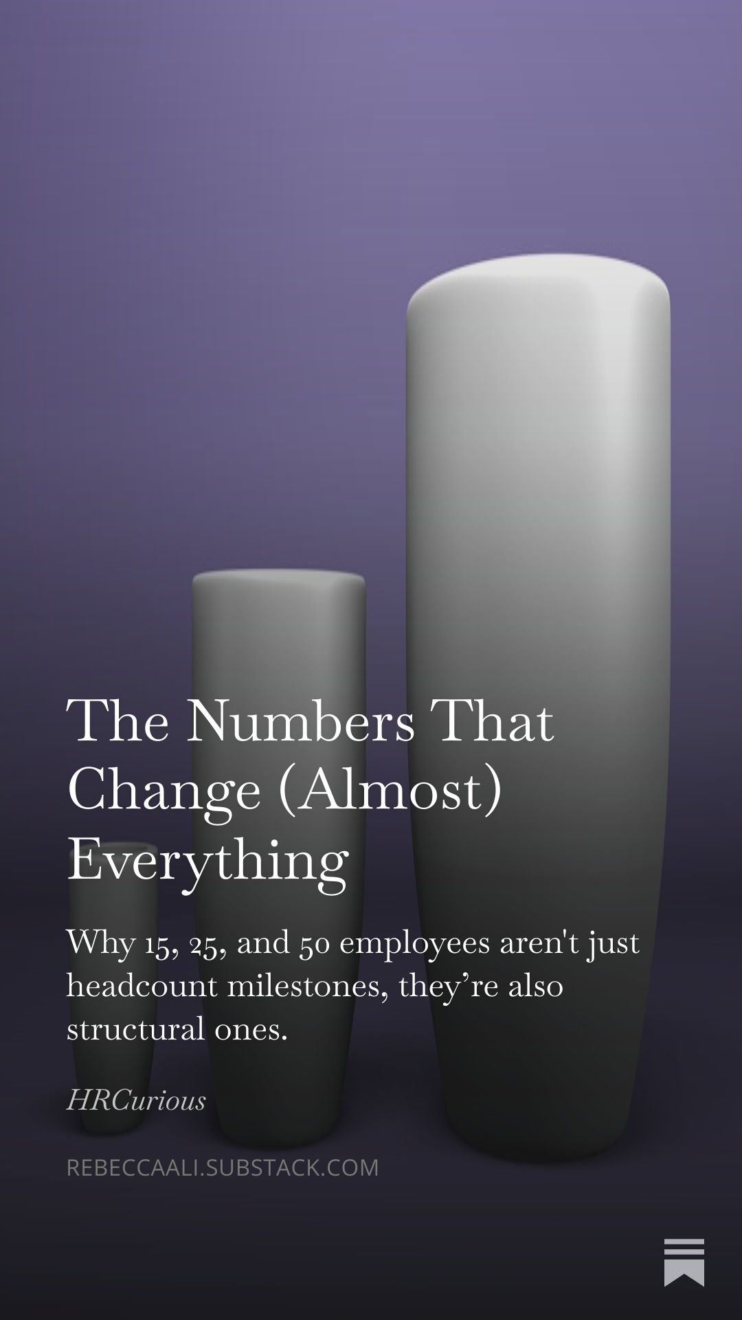 Cover of an article titled 'The Numbers That Change (Almost) Everything' with a background of three gray cylindrical columns of increasing height on a purple gradient background.