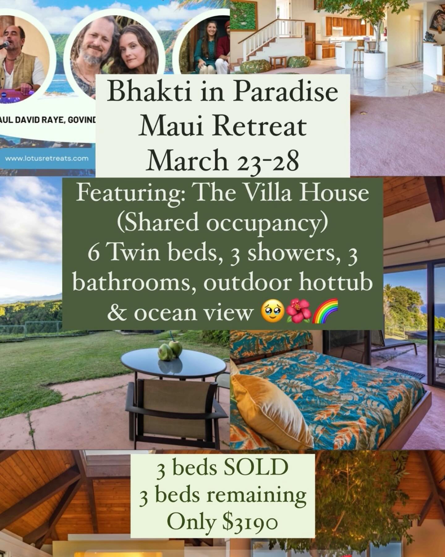 The Bhakti in Paradise Retreat is filing up! 🌈 Did you know we have private, shared and dorm style villas for you to join!? (Plus camping &amp; offsite accommodations!) 

Join us for an incredible heart filled celebration &amp; &ldquo;mini-fest&rdqu