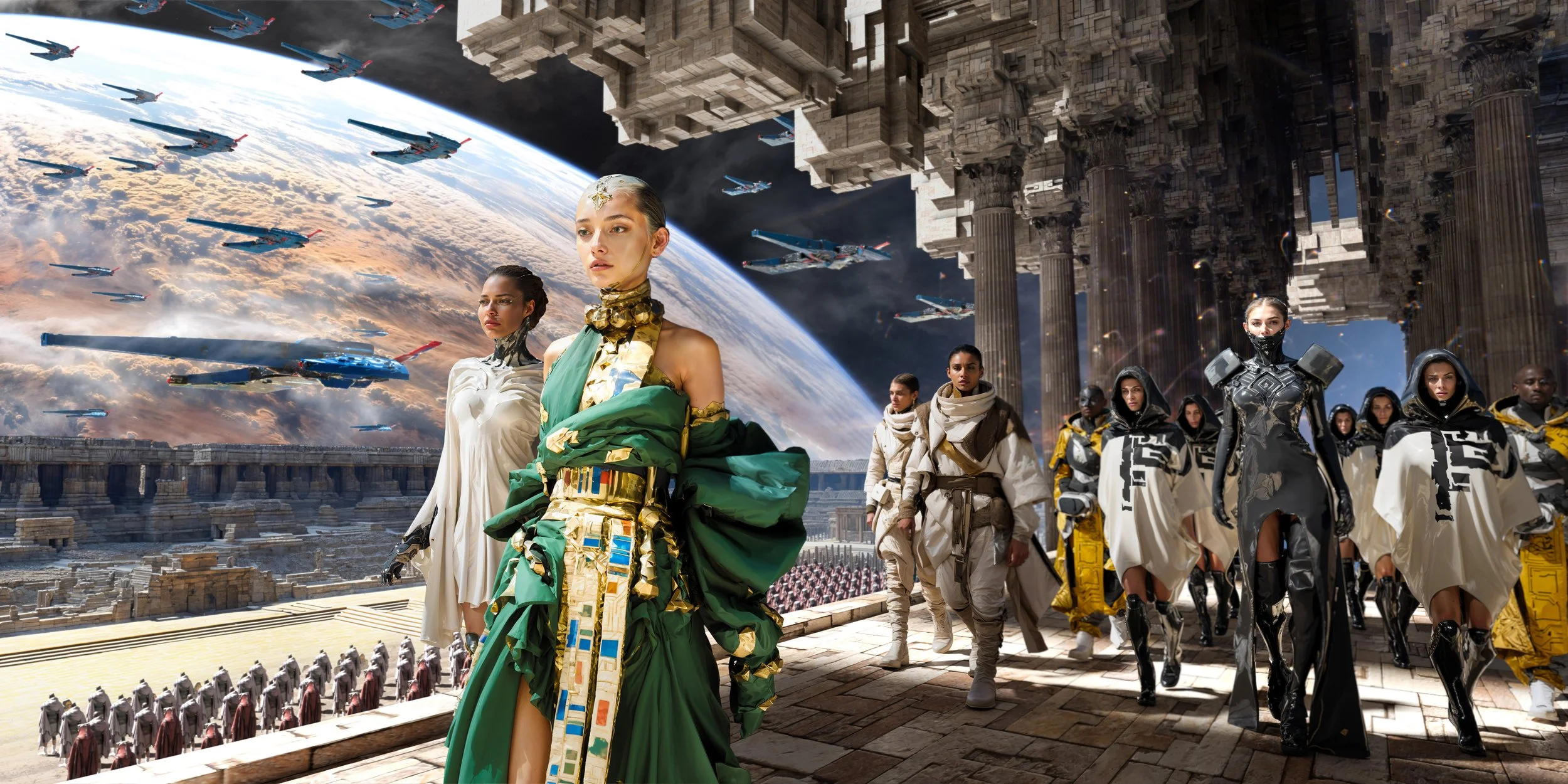 Ulysse 31 tribute blending futuristic spacecraft with ancient ruins, epic scale, and mythic adventure. This cinematic scene reimagines Greek legend through bold sci-fi design, towering starships, vast crowds, and heroic figures set against monumental